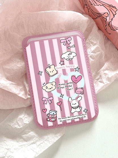 Cute Girly Sketch Style Leather Phone Card Holder Wallet For Magsafe Slim Magnetic Back Pocket Case Accessory