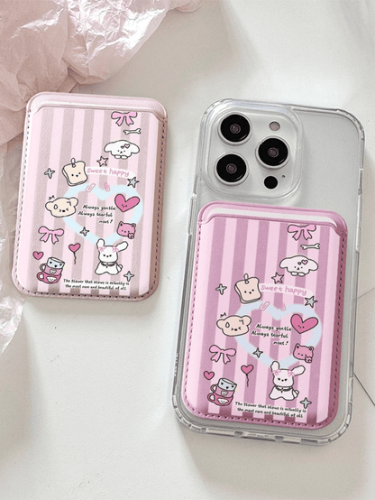 Cute Girly Sketch Style Leather Phone Card Holder Wallet For Magsafe Slim Magnetic Back Pocket Case Accessory