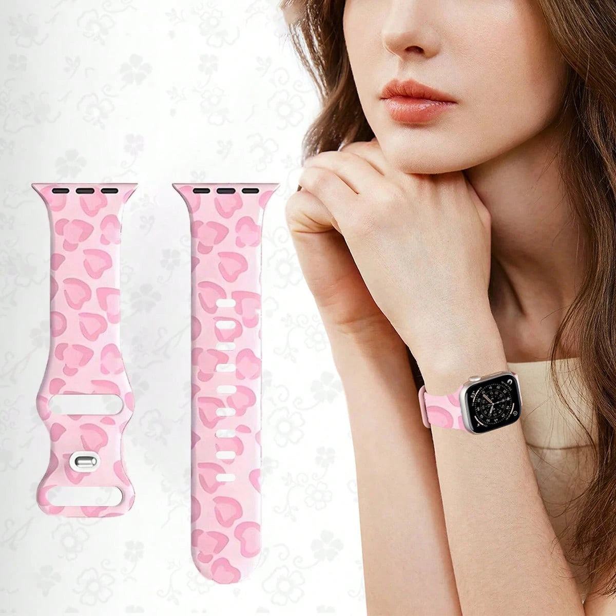 Cute Pink Leopard Print Soft Silicone Adjustable Watch Band, Unisex Decorative Buckle