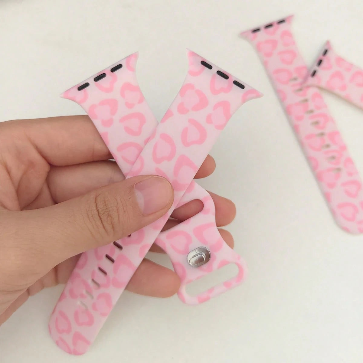 Cute Pink Leopard Print Soft Silicone Adjustable Watch Band, Unisex Decorative Buckle