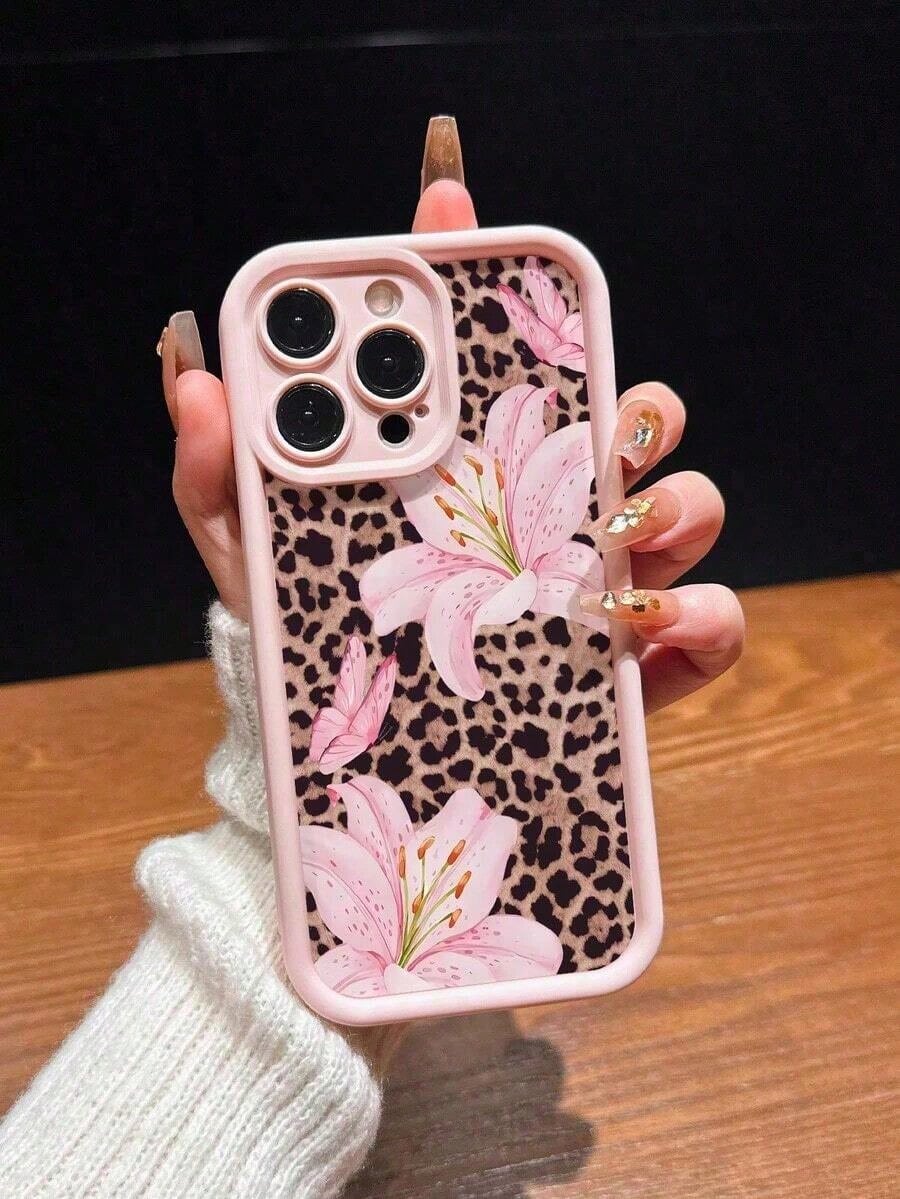Cute Pink Lily Flower & Leopard Print Matte Anti-Drop Phone Case Compatible With IPhone 11, 12, 13, 14, 15, 16, 13 Pro Max, 16 Plus, XR, 7, 8 Plus, 17 Pro Max, AIR