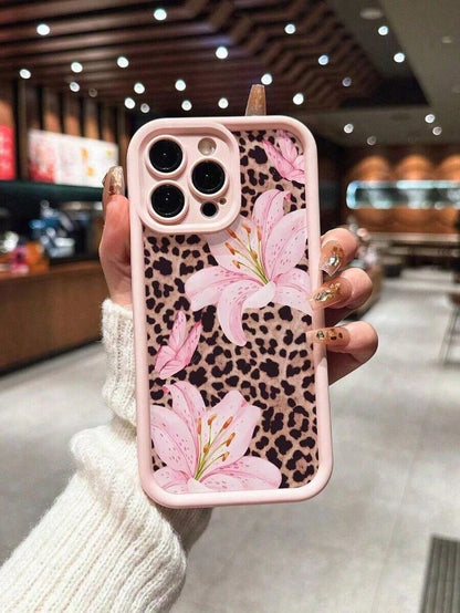 Cute Pink Lily Flower & Leopard Print Matte Anti-Drop Phone Case Compatible With IPhone 11, 12, 13, 14, 15, 16, 13 Pro Max, 16 Plus, XR, 7, 8 Plus, 17 Pro Max, AIR