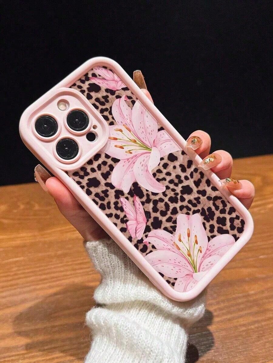 Cute Pink Lily Flower & Leopard Print Matte Anti-Drop Phone Case Compatible With IPhone 11, 12, 13, 14, 15, 16, 13 Pro Max, 16 Plus, XR, 7, 8 Plus, 17 Pro Max, AIR