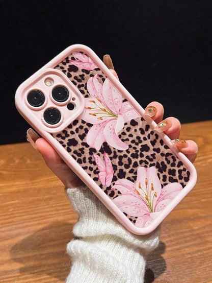 Cute Pink Lily Flower & Leopard Print Matte Anti-Drop Phone Case Compatible With IPhone 11, 12, 13, 14, 15, 16, 13 Pro Max, 16 Plus, XR, 7, 8 Plus, 17 Pro Max, AIR