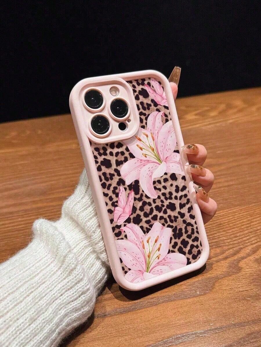 Cute Pink Lily Flower & Leopard Print Matte Anti-Drop Phone Case Compatible With IPhone 11, 12, 13, 14, 15, 16, 13 Pro Max, 16 Plus, XR, 7, 8 Plus, 17 Pro Max, AIR