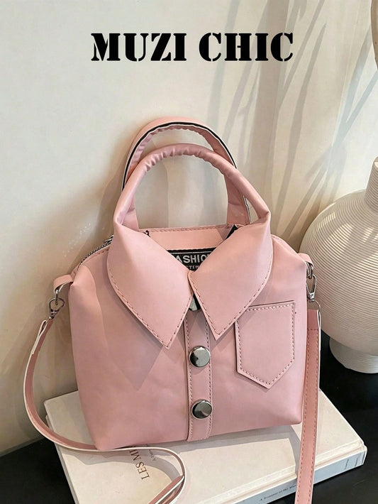 Cute Shirt-Style Handbag With Structured Shape In Soft Pink, Featuring Pointed Collar, Faux Buttons And Small Chest Pocket, Lightweight And Portable, Perfect For Dates, Weekend Trips And Shopping, Fun