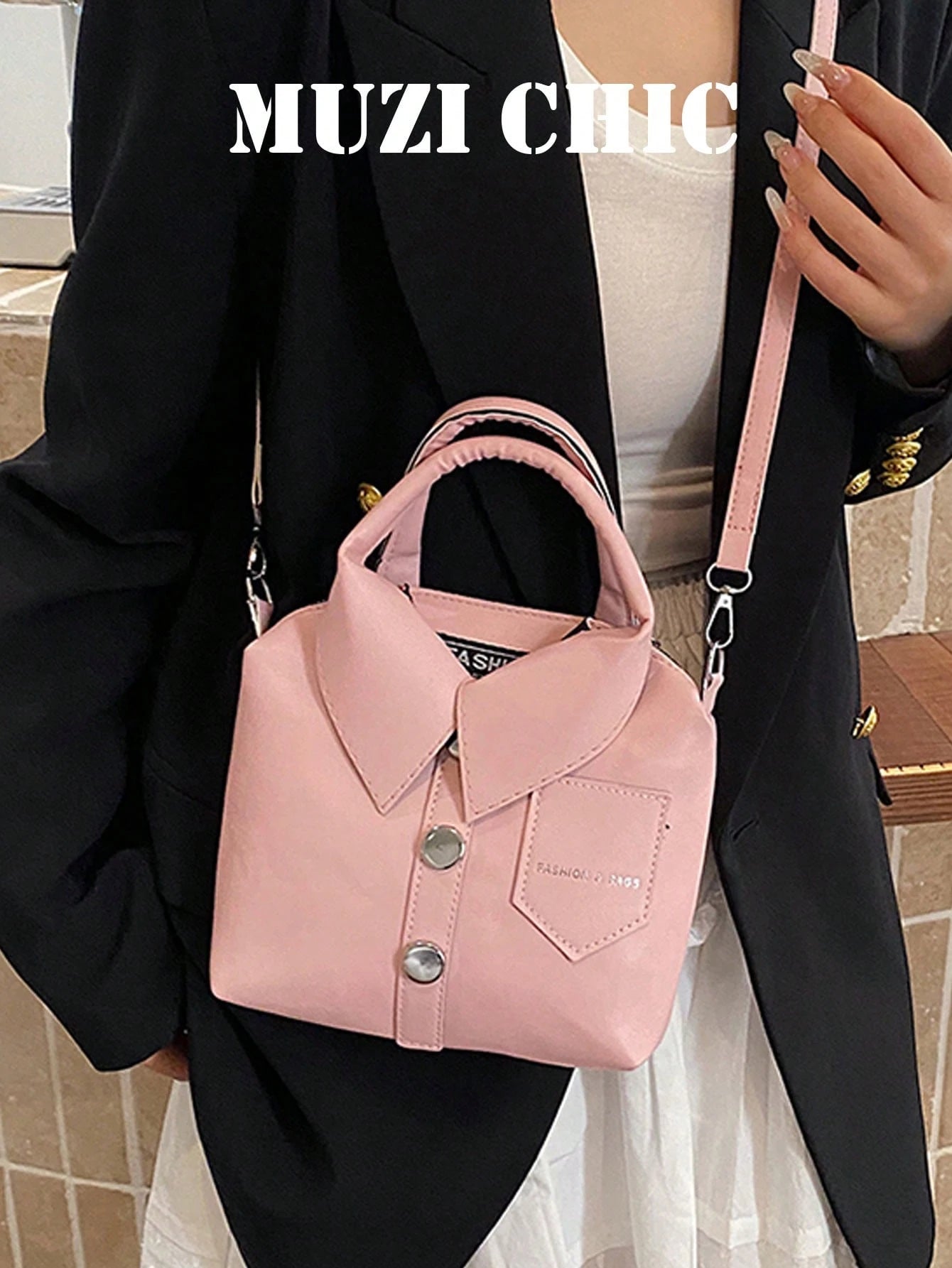 Cute Shirt-Style Handbag With Structured Shape In Soft Pink, Featuring Pointed Collar, Faux Buttons And Small Chest Pocket, Lightweight And Portable, Perfect For Dates, Weekend Trips And Shopping, Fun