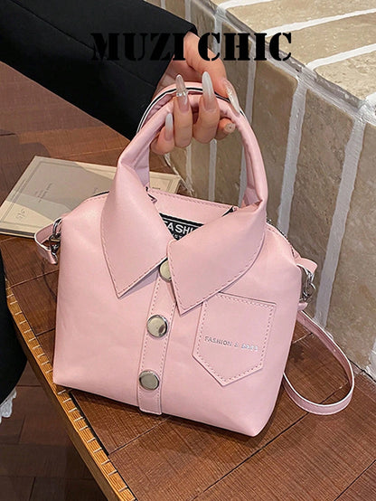 Cute Shirt-Style Handbag With Structured Shape In Soft Pink, Featuring Pointed Collar, Faux Buttons And Small Chest Pocket, Lightweight And Portable, Perfect For Dates, Weekend Trips And Shopping, Fun