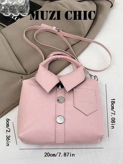 Cute Shirt-Style Handbag With Structured Shape In Soft Pink, Featuring Pointed Collar, Faux Buttons And Small Chest Pocket, Lightweight And Portable, Perfect For Dates, Weekend Trips And Shopping, Fun