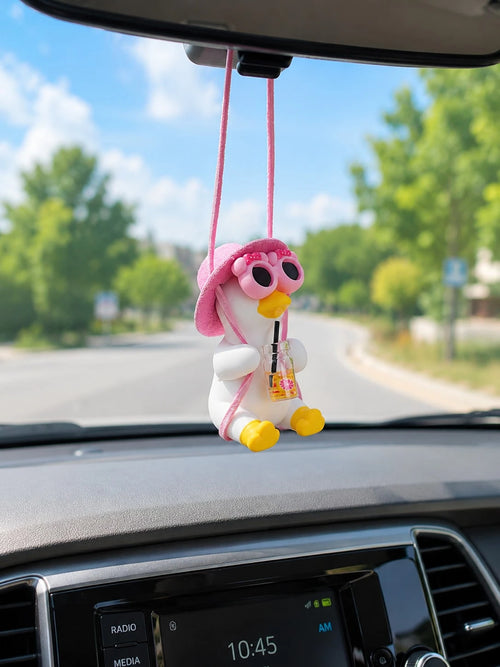 Cute Swinging Fruit Tea Duck Car Rearview Mirror Hanging Ornament, Pink Hat Fashion Glasses Cartoon Duck Pendant, Japanese Style Cute Summer Women's Car Interior Decoration, Girly Car Interior Decor D