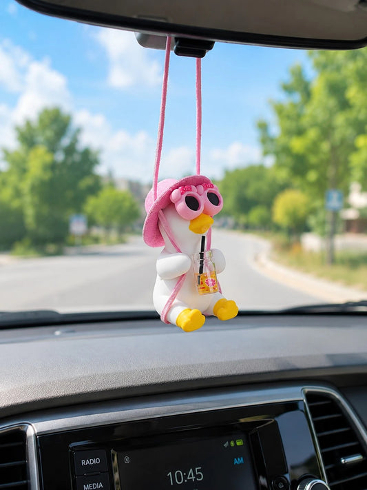 Cute Swinging Fruit Tea Duck Car Rearview Mirror Hanging Ornament, Pink Hat Fashion Glasses Cartoon Duck Pendant, Japanese Style Cute Summer Women's Car Interior Decoration, Girly Car Interior Decor D