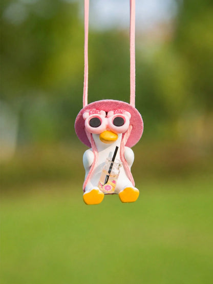 Cute Swinging Fruit Tea Duck Car Rearview Mirror Hanging Ornament, Pink Hat Fashion Glasses Cartoon Duck Pendant, Japanese Style Cute Summer Women's Car Interior Decoration, Girly Car Interior Decor D