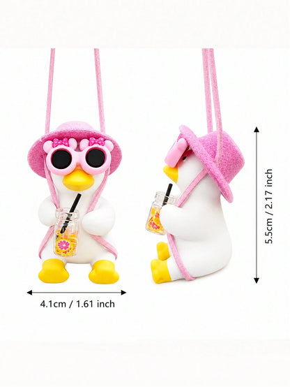 Cute Swinging Fruit Tea Duck Car Rearview Mirror Hanging Ornament, Pink Hat Fashion Glasses Cartoon Duck Pendant, Japanese Style Cute Summer Women's Car Interior Decoration, Girly Car Interior Decor D