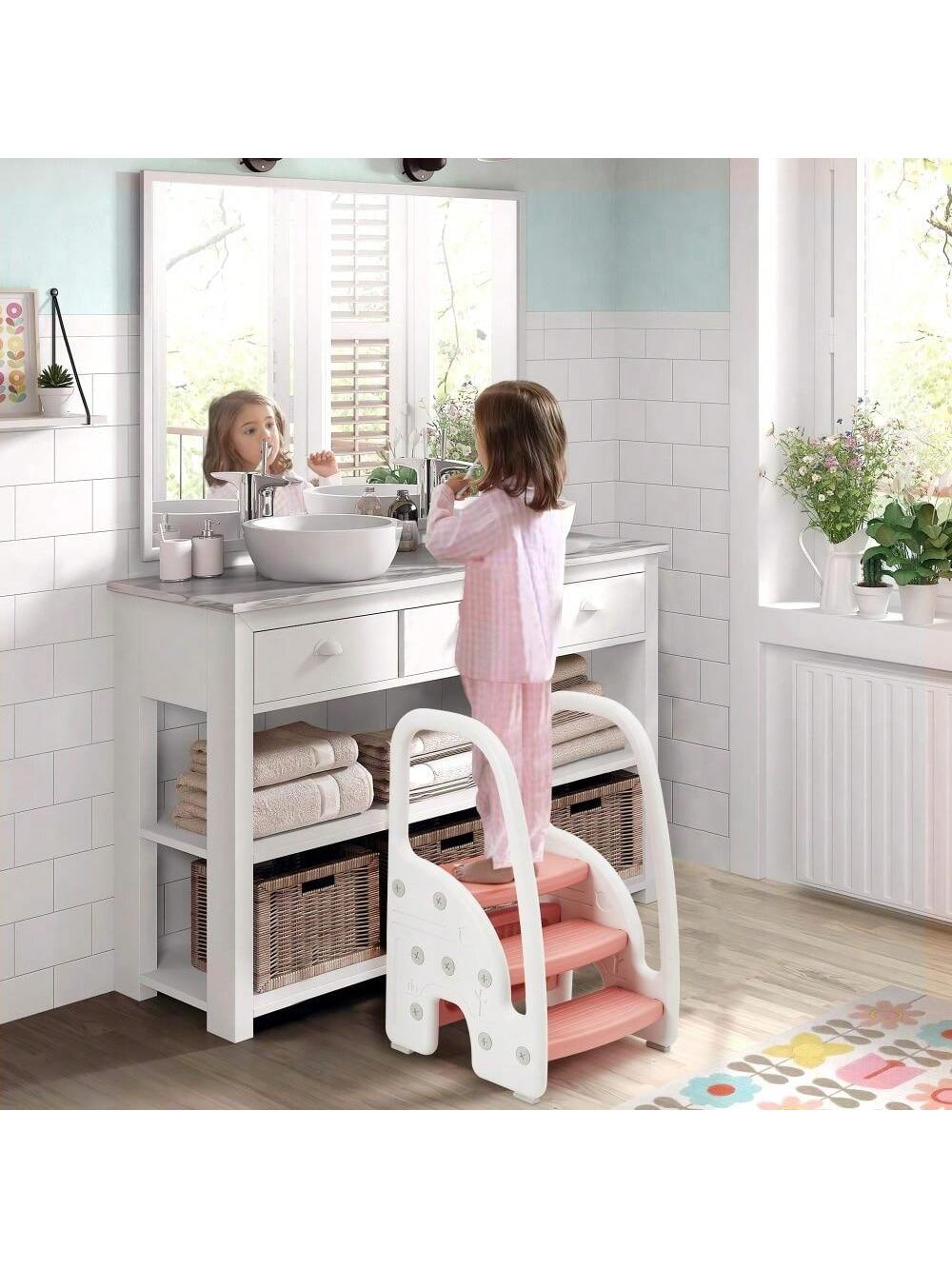 Danolapsi Toddler Step Stool,Plastic Kids 3 Step Stool With Handles Sides,Lightweight Non-Slip,Standing Stool Learning Helper For Toilet Potty Training,Bathroom Sink,Kitchen Counter