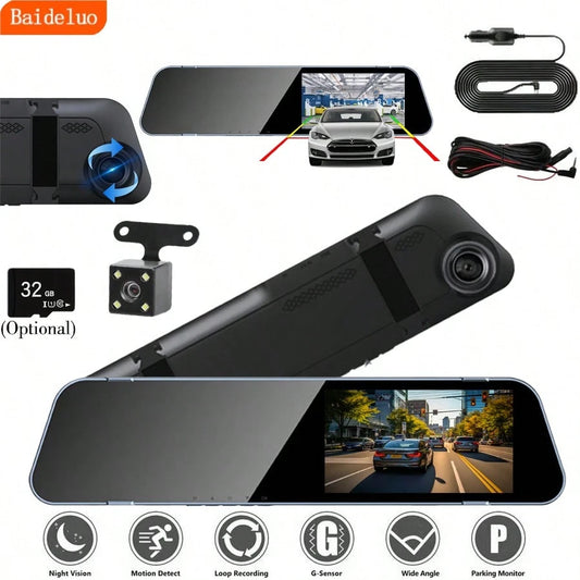 Dash Cam For Car, 4.5-Inch Rearview Mirror 1080P, 32G Memory Card(Optional), Front And Rear Dual Cameras, Super Night Vision, Parking Assist, Loop Recording, 24-Hour Parking Monitor, Car Reverse Camer