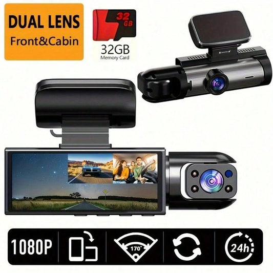 Dash Camera Front And Inside With 32G SD Card, 3.16inch Dash Cam 1080P, G Sensor HD Night Vision Loop Recording Wide Angle Car DVR