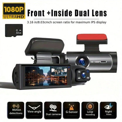 Dash Camera Front And Inside With 32G SD Card, 3.16inch Dash Cam 1080P, G Sensor HD Night Vision Loop Recording Wide Angle Car DVR