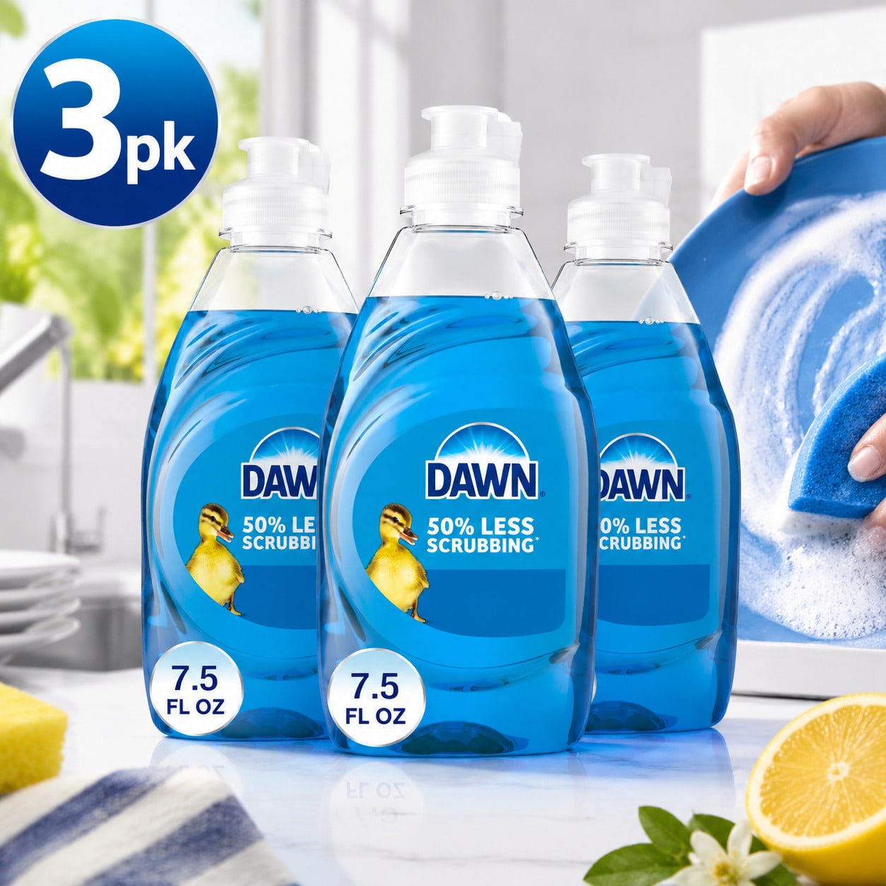 DAWN 2026 New 3 Pack Dish Soap, 7.5 FL OZ Original Scent Liquid Dishwashing Detergent, Powerful Grease Removing Kitchen Tableware Cleaning Liquid For Daily Home Use