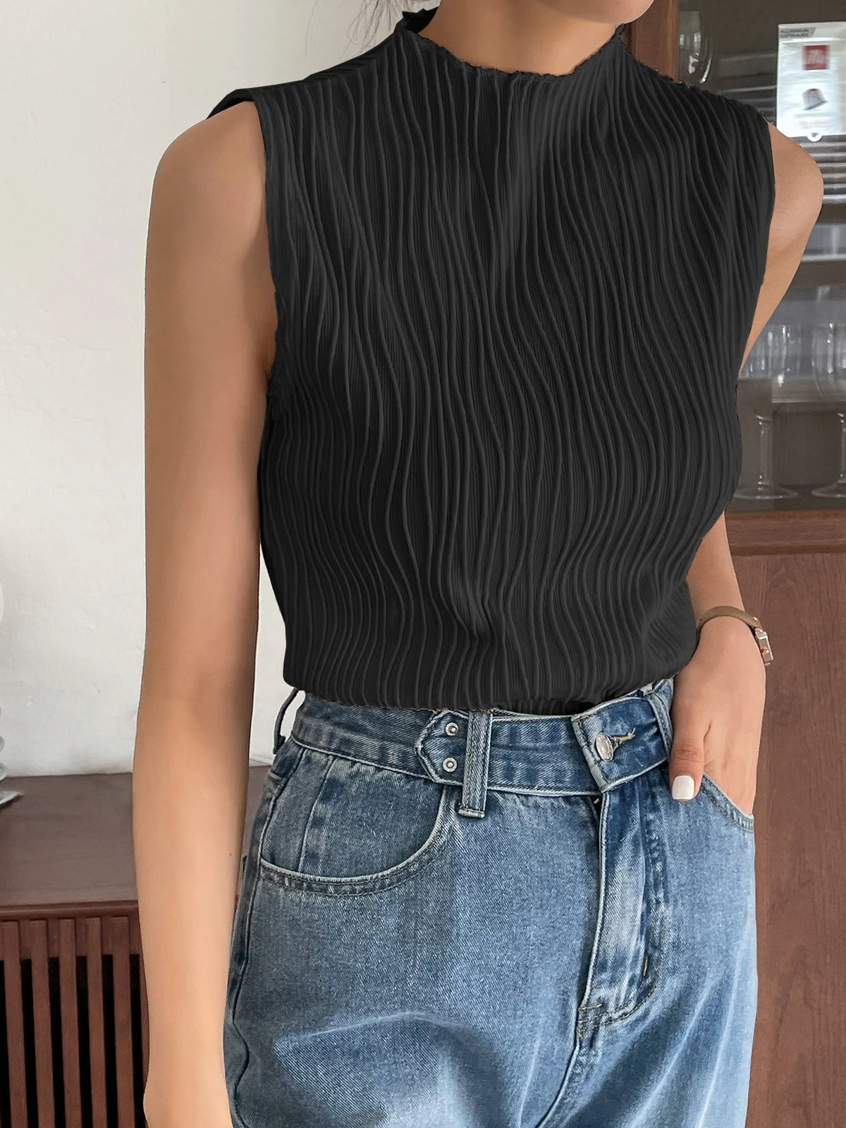 DAZY Business Casual Plain Texture Stand Collar Tank Top Summer