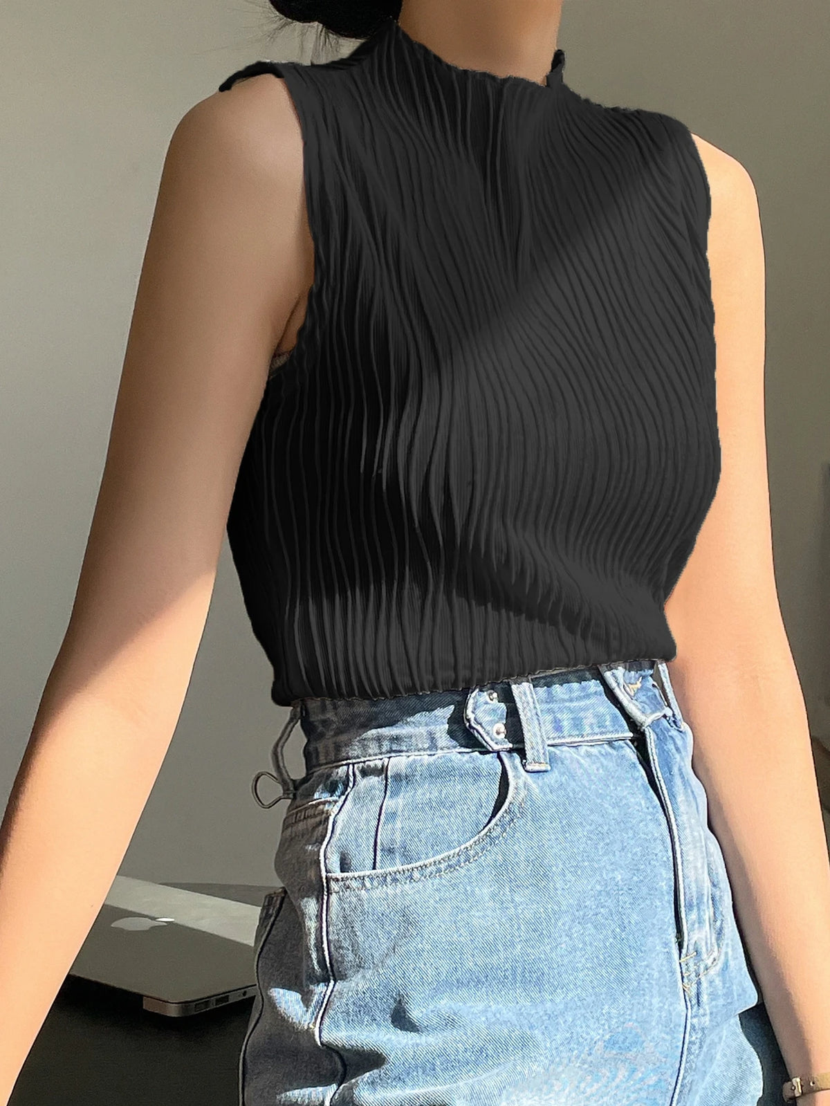 DAZY Business Casual Plain Texture Stand Collar Tank Top Summer