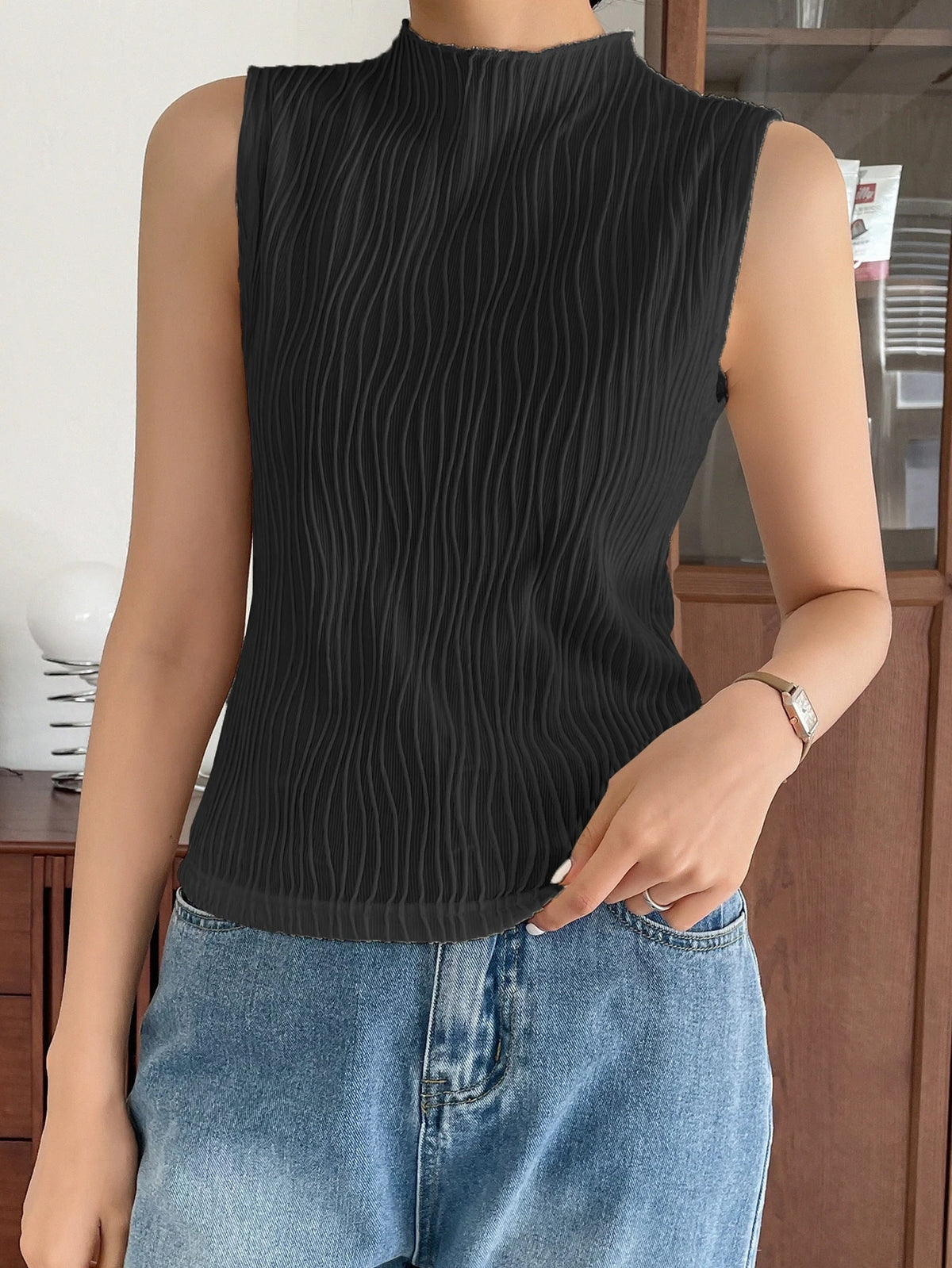 DAZY Business Casual Plain Texture Stand Collar Tank Top Summer