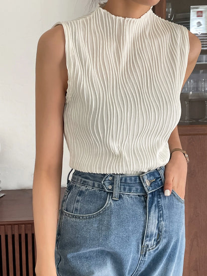 DAZY Business Casual Plain Texture Stand Collar Tank Top Summer