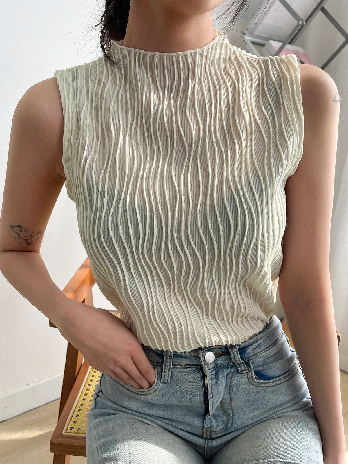 DAZY Business Casual Plain Texture Stand Collar Tank Top Summer