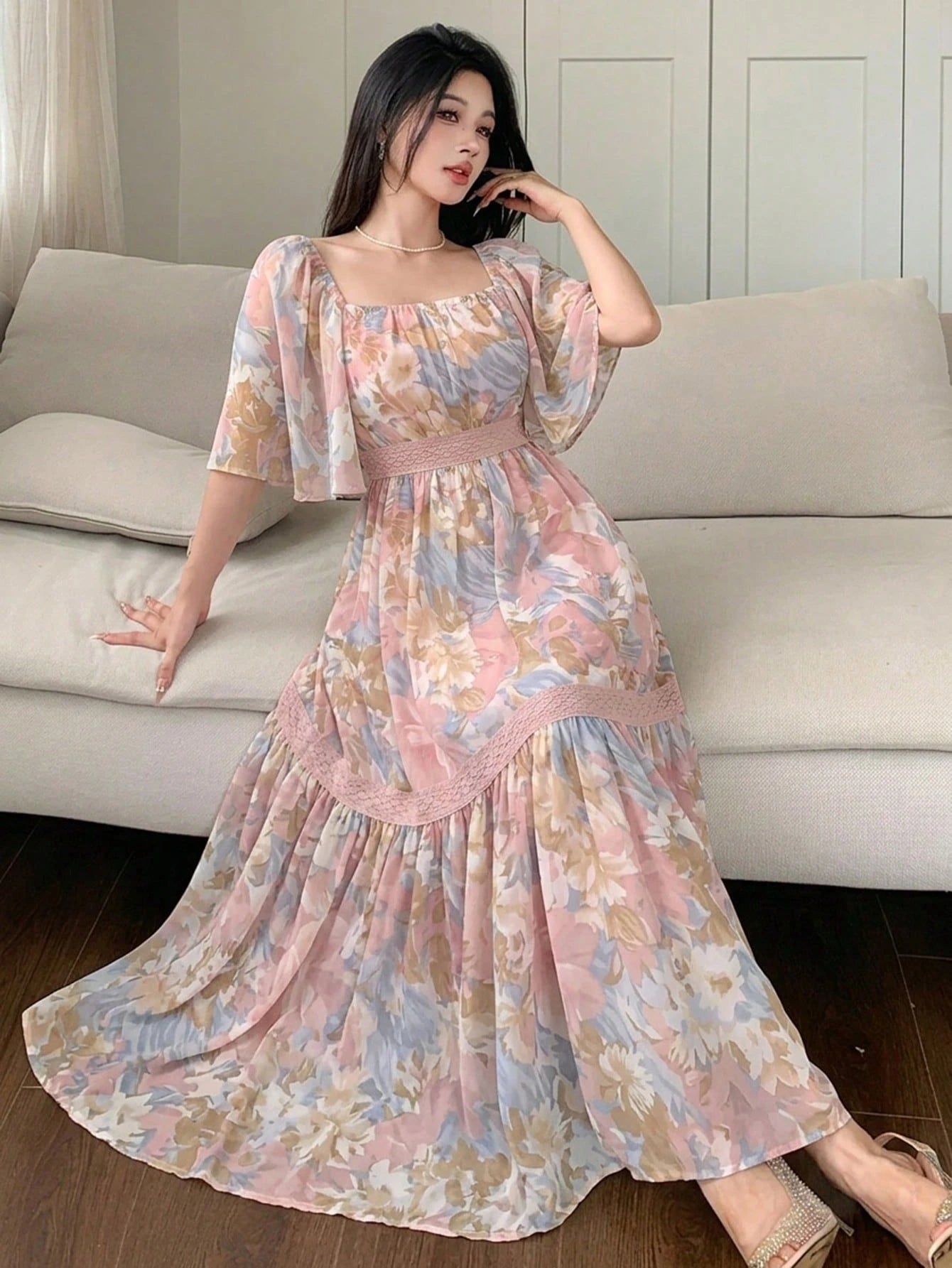 DAZY Contrast Color Lace Full Floral Print Mid-Length Dress For Women Sun Dresses For Women Vacation Outfits Women Summer Thin Clothing