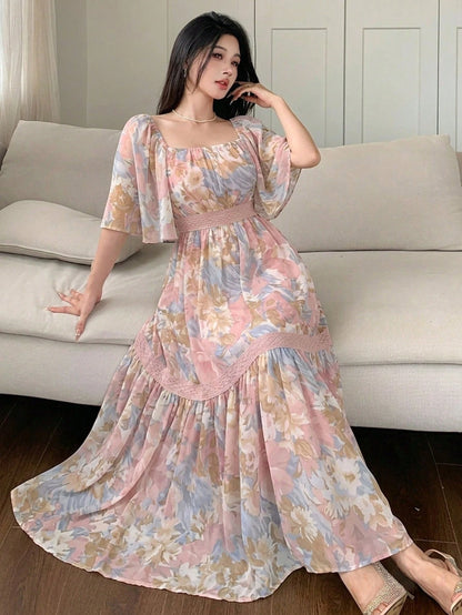 DAZY Contrast Color Lace Full Floral Print Mid-Length Dress For Women Sun Dresses For Women Vacation Outfits Women Summer Thin Clothing