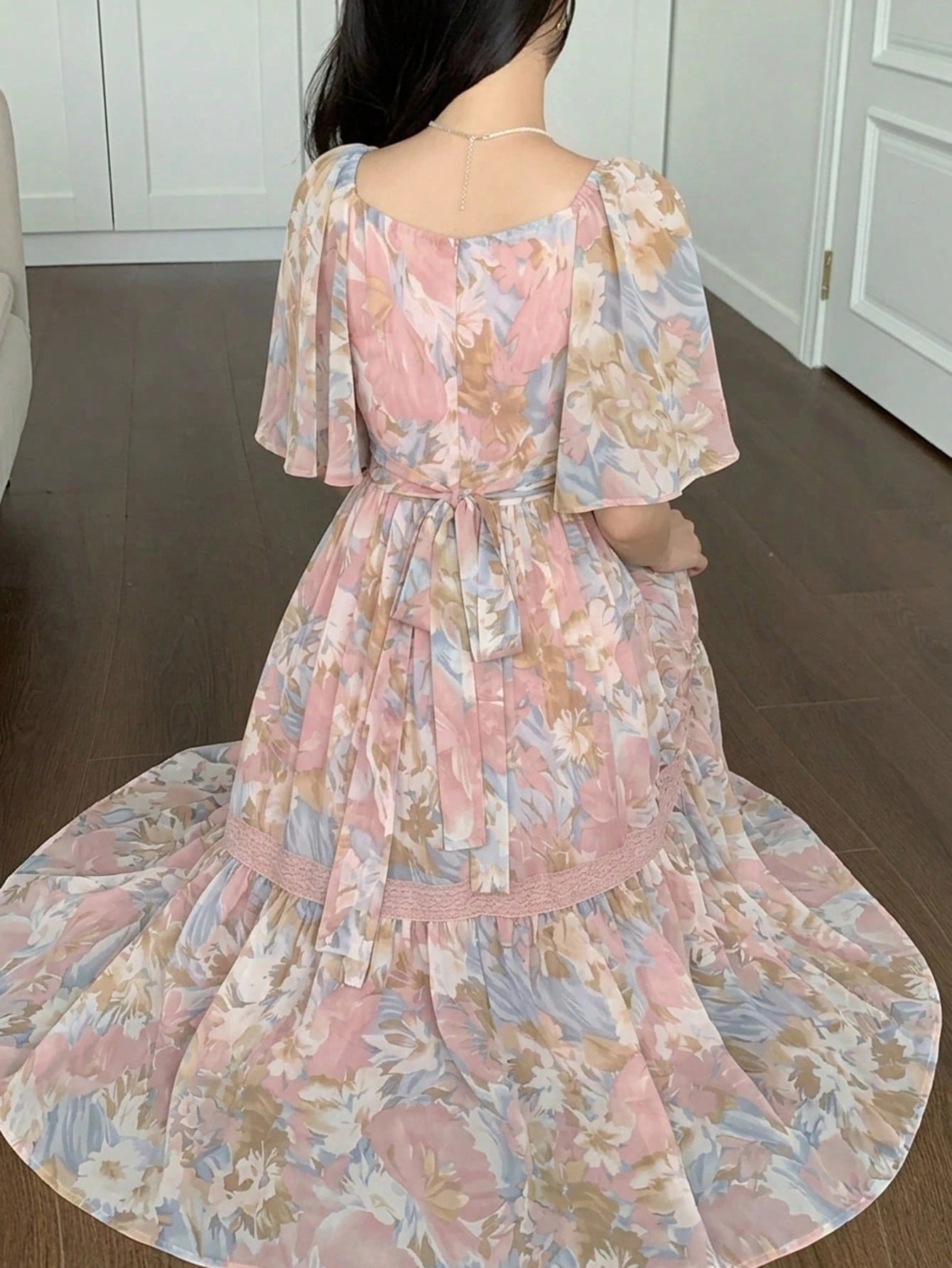 DAZY Contrast Color Lace Full Floral Print Mid-Length Dress For Women Sun Dresses For Women Vacation Outfits Women Summer Thin Clothing