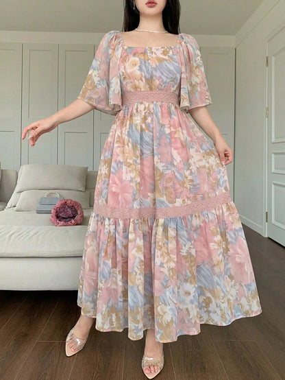 DAZY Contrast Color Lace Full Floral Print Mid-Length Dress For Women Sun Dresses For Women Vacation Outfits Women Summer Thin Clothing