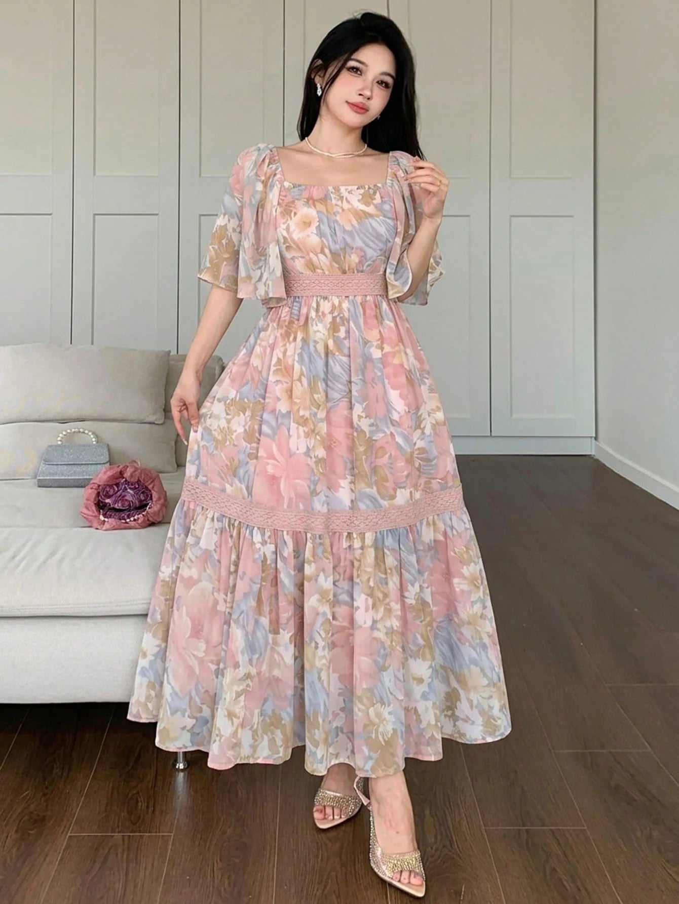DAZY Contrast Color Lace Full Floral Print Mid-Length Dress For Women Sun Dresses For Women Vacation Outfits Women Summer Thin Clothing