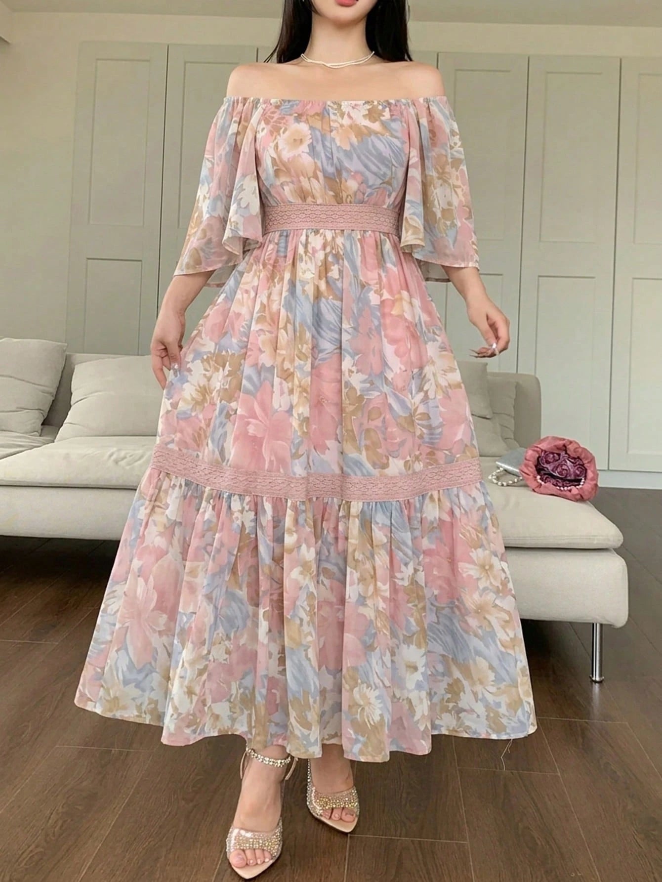 DAZY Contrast Color Lace Full Floral Print Mid-Length Dress For Women Sun Dresses For Women Vacation Outfits Women Summer Thin Clothing