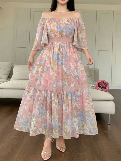 DAZY Contrast Color Lace Full Floral Print Mid-Length Dress For Women Sun Dresses For Women Vacation Outfits Women Summer Thin Clothing