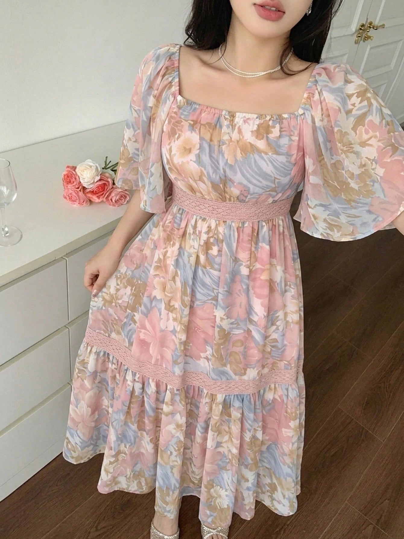 DAZY Contrast Color Lace Full Floral Print Mid-Length Dress For Women Sun Dresses For Women Vacation Outfits Women Summer Thin Clothing