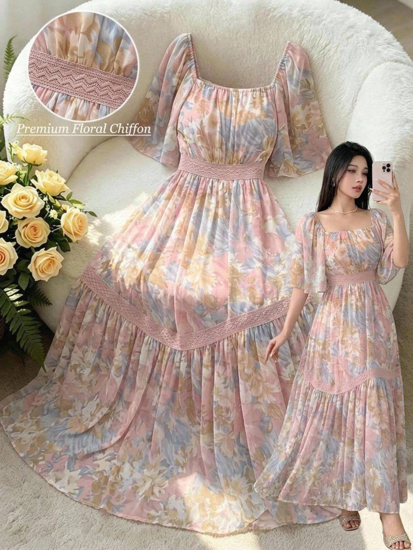 DAZY Contrast Color Lace Full Floral Print Mid-Length Dress For Women Sun Dresses For Women Vacation Outfits Women Summer Thin Clothing