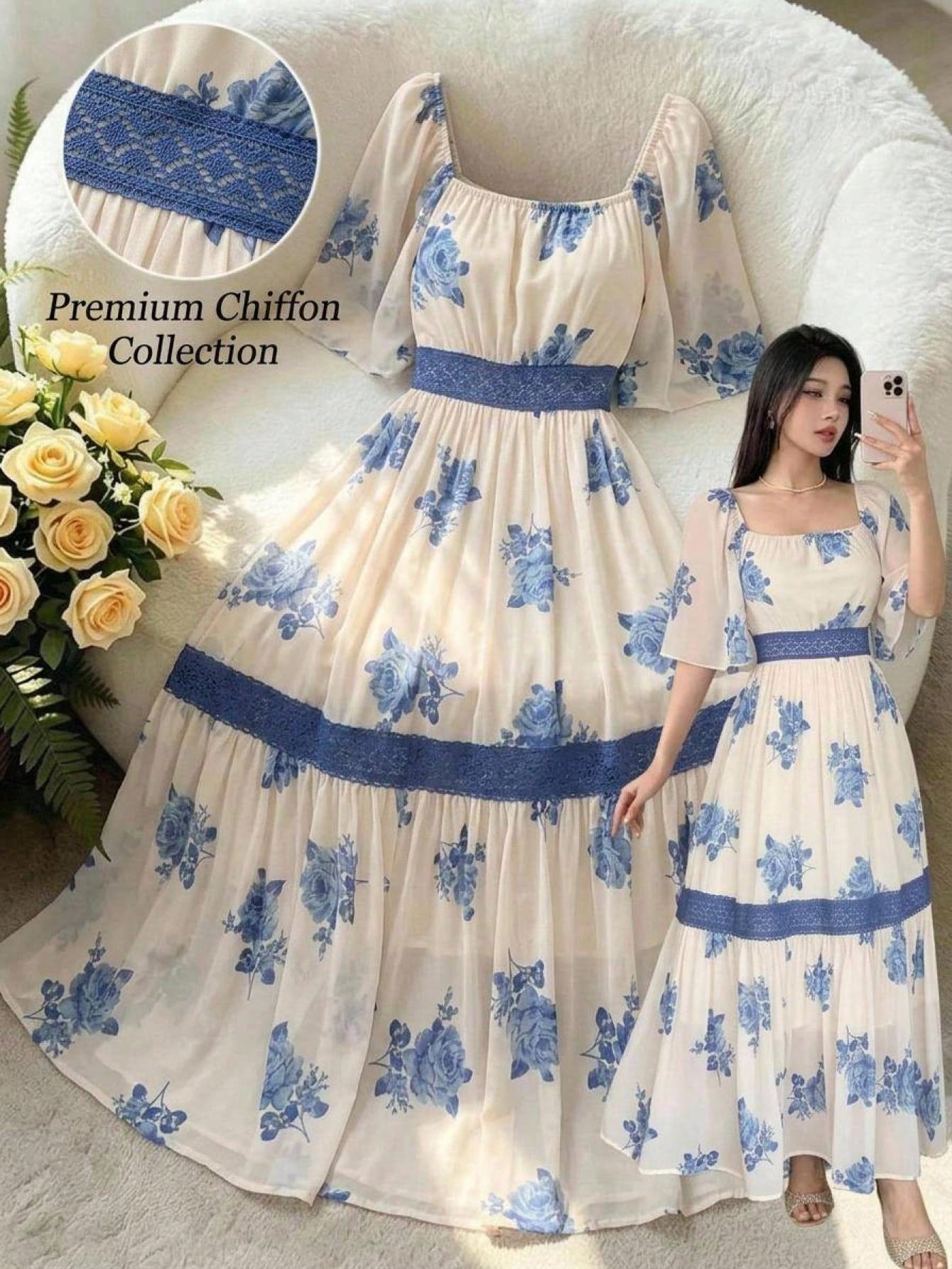 DAZY Contrast Color Lace Full Floral Print Mid-Length Dress For Women Sun Dresses For Women Vacation Outfits Women Summer Thin Clothing