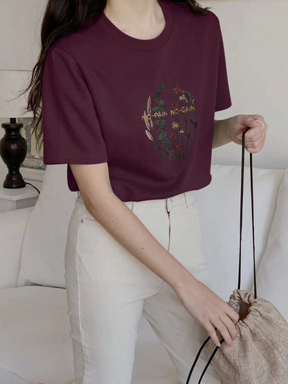 DAZY Floral & Letter Embroidery Tee NO-PAIN NO-GAIN Easter