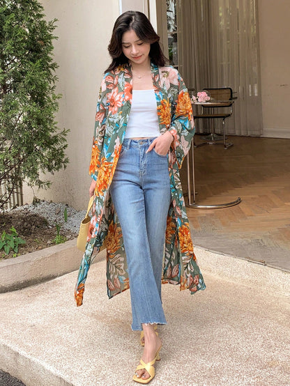 DAZY Floral Print Open Front Kimono Summer,Beach Women Outfits Vacation