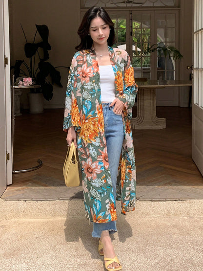 DAZY Floral Print Open Front Kimono Summer,Beach Women Outfits Vacation