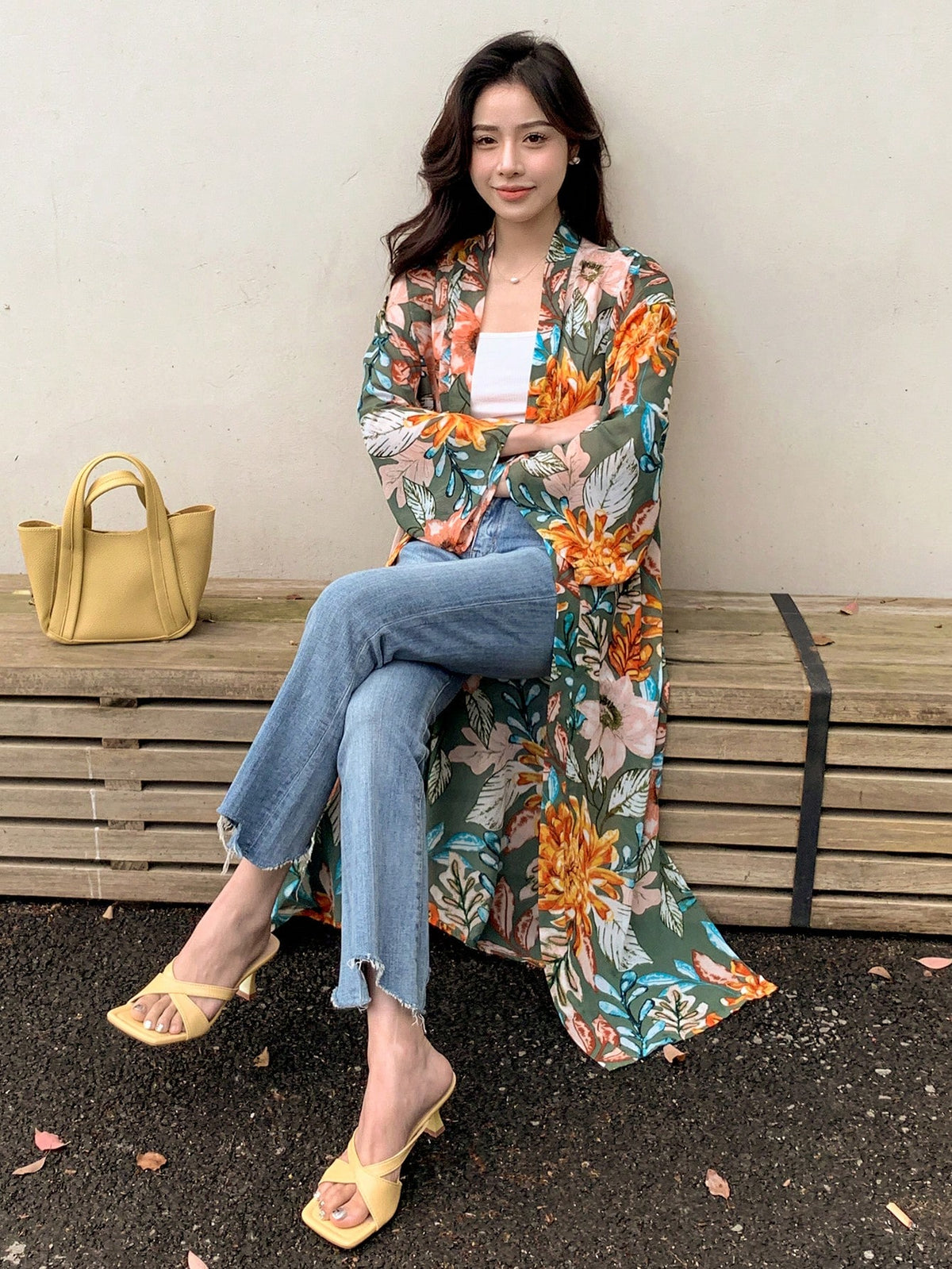 DAZY Floral Print Open Front Kimono Summer,Beach Women Outfits Vacation