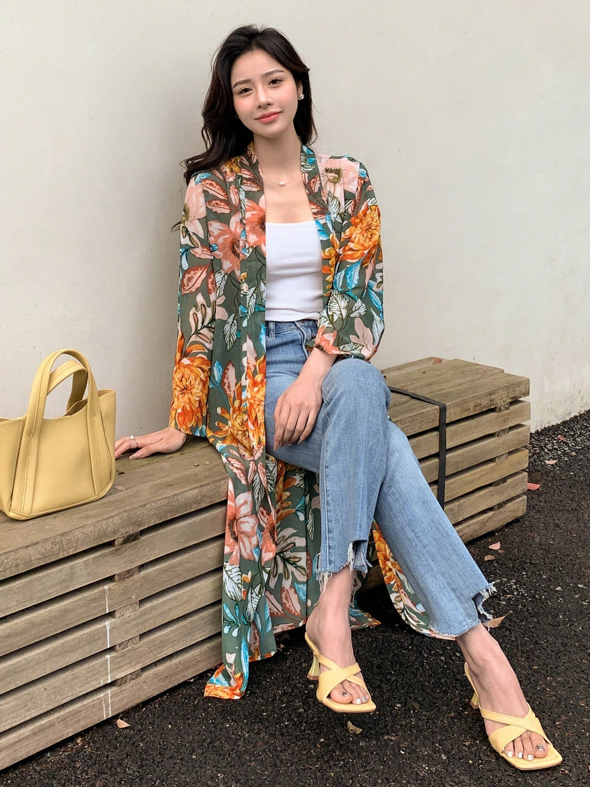 DAZY Floral Print Open Front Kimono Summer,Beach Women Outfits Vacation
