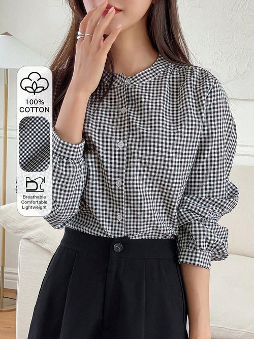 DAZY Gingham Print Button Front Shirt,Long Sleeve Tops