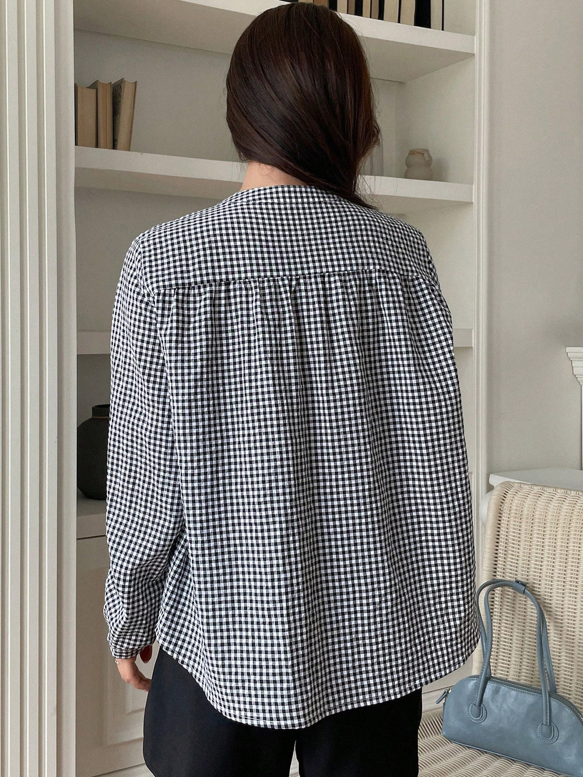 DAZY Gingham Print Button Front Shirt,Long Sleeve Tops