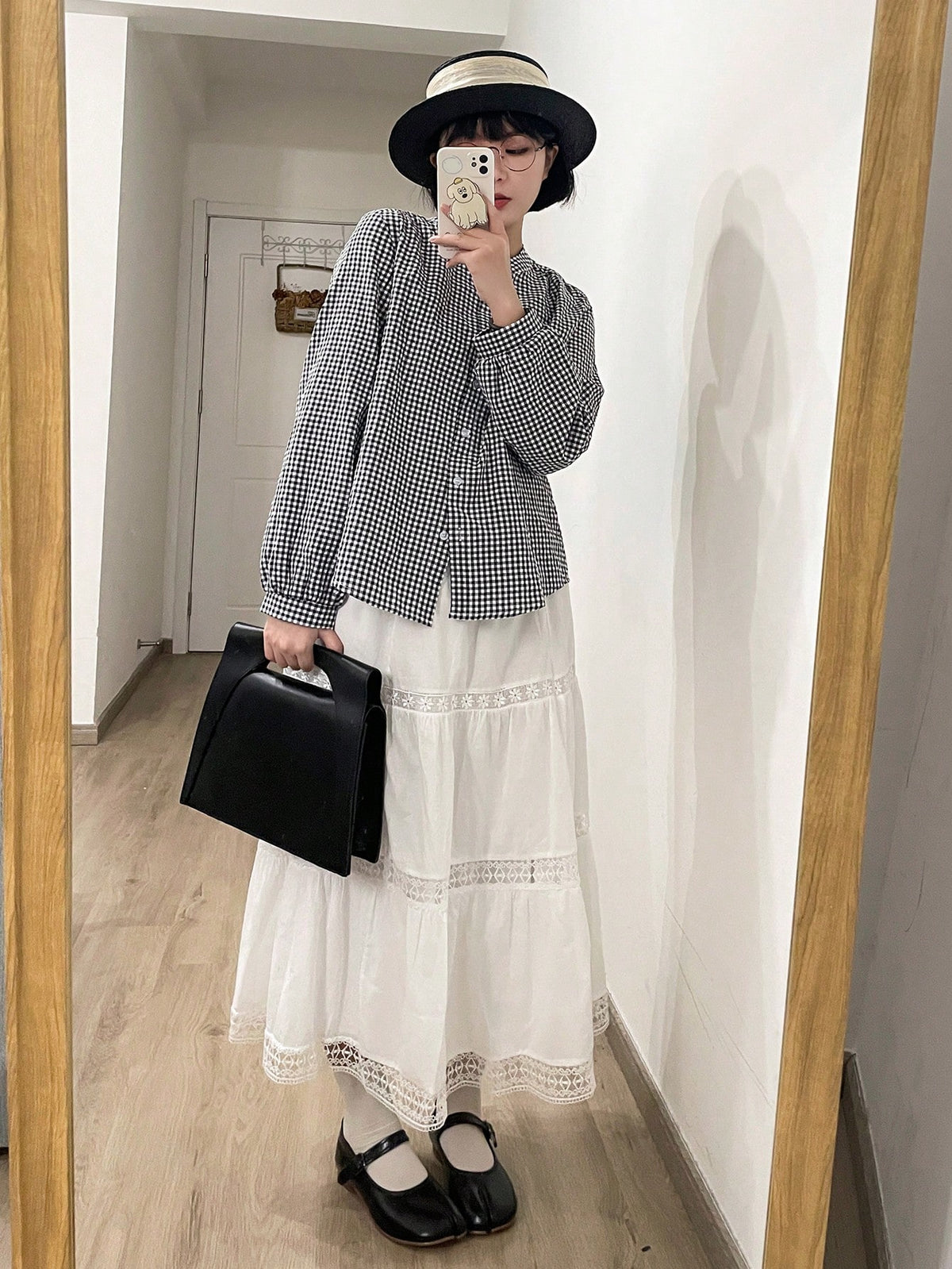 DAZY Gingham Print Button Front Shirt,Long Sleeve Tops
