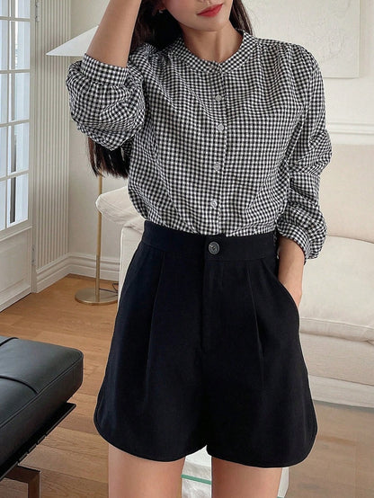 DAZY Gingham Print Button Front Shirt,Long Sleeve Tops