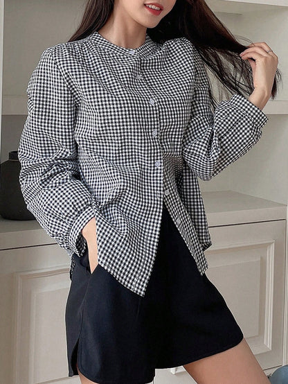 DAZY Gingham Print Button Front Shirt,Long Sleeve Tops
