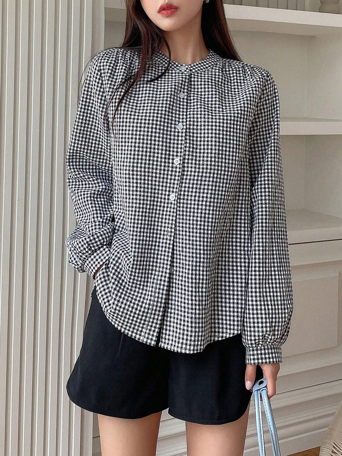 DAZY Gingham Print Button Front Shirt,Long Sleeve Tops