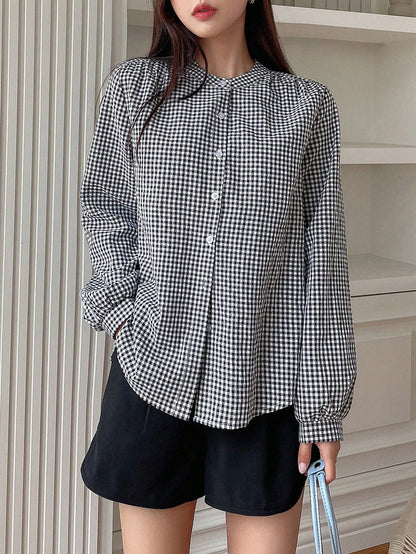 DAZY Gingham Print Button Front Shirt,Long Sleeve Tops