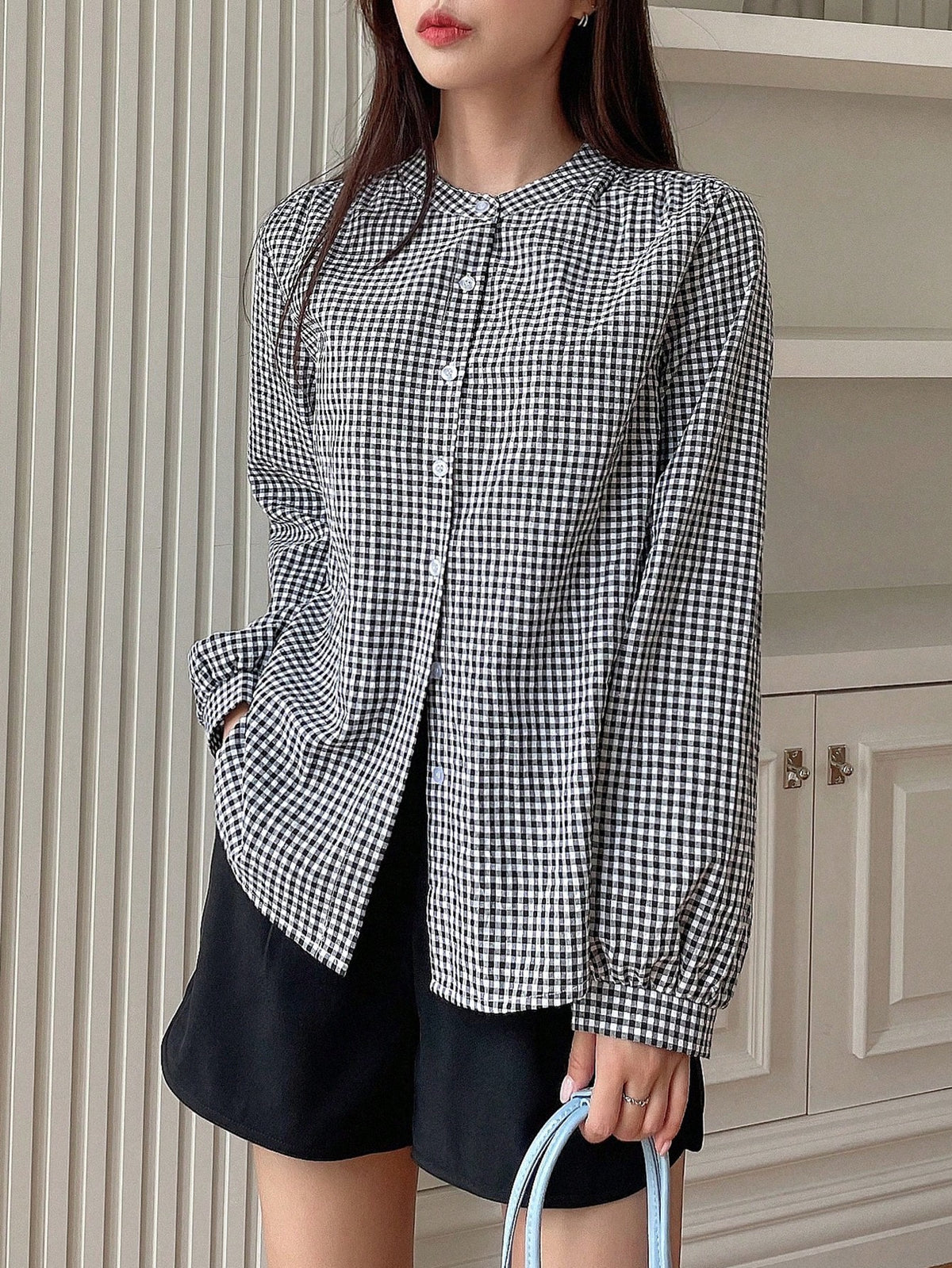 DAZY Gingham Print Button Front Shirt,Long Sleeve Tops